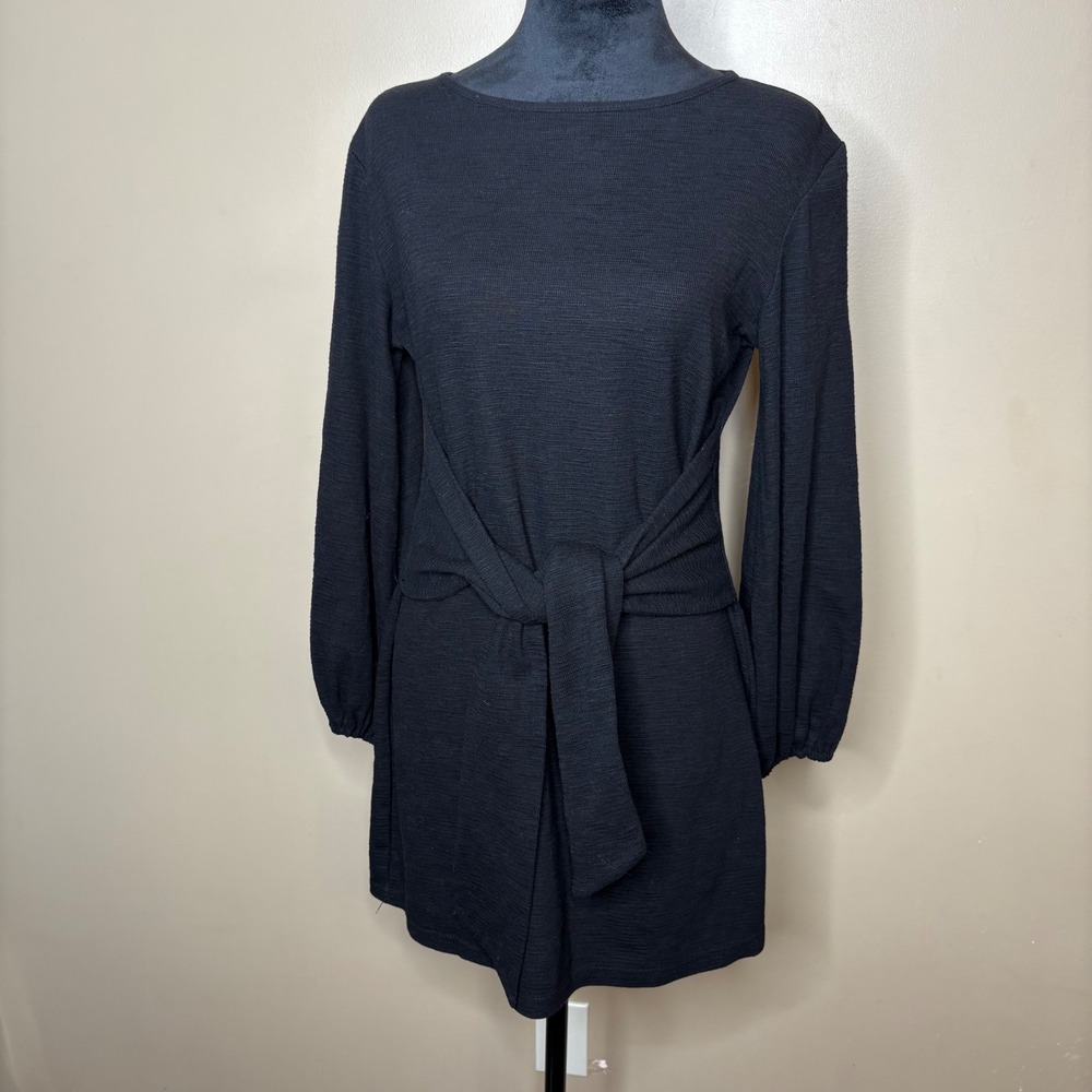 R Vivimos Black Textured Tie Waist Long Sleeve Mini Dress Women Size L 12 14 - Picture 2 of 7